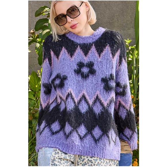 POL Purple Fuzzy Round Neck Floral Print Loose Fit Sweater top - Picture 4 of 7